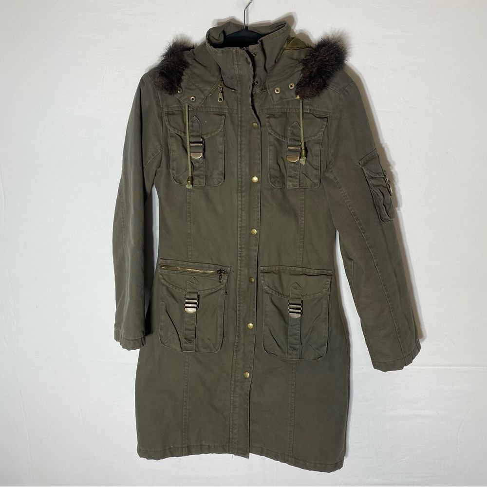 Vintage Y2K Garage Army Green Utility Style Coat W Faux Fur Trim Bella Swan XS